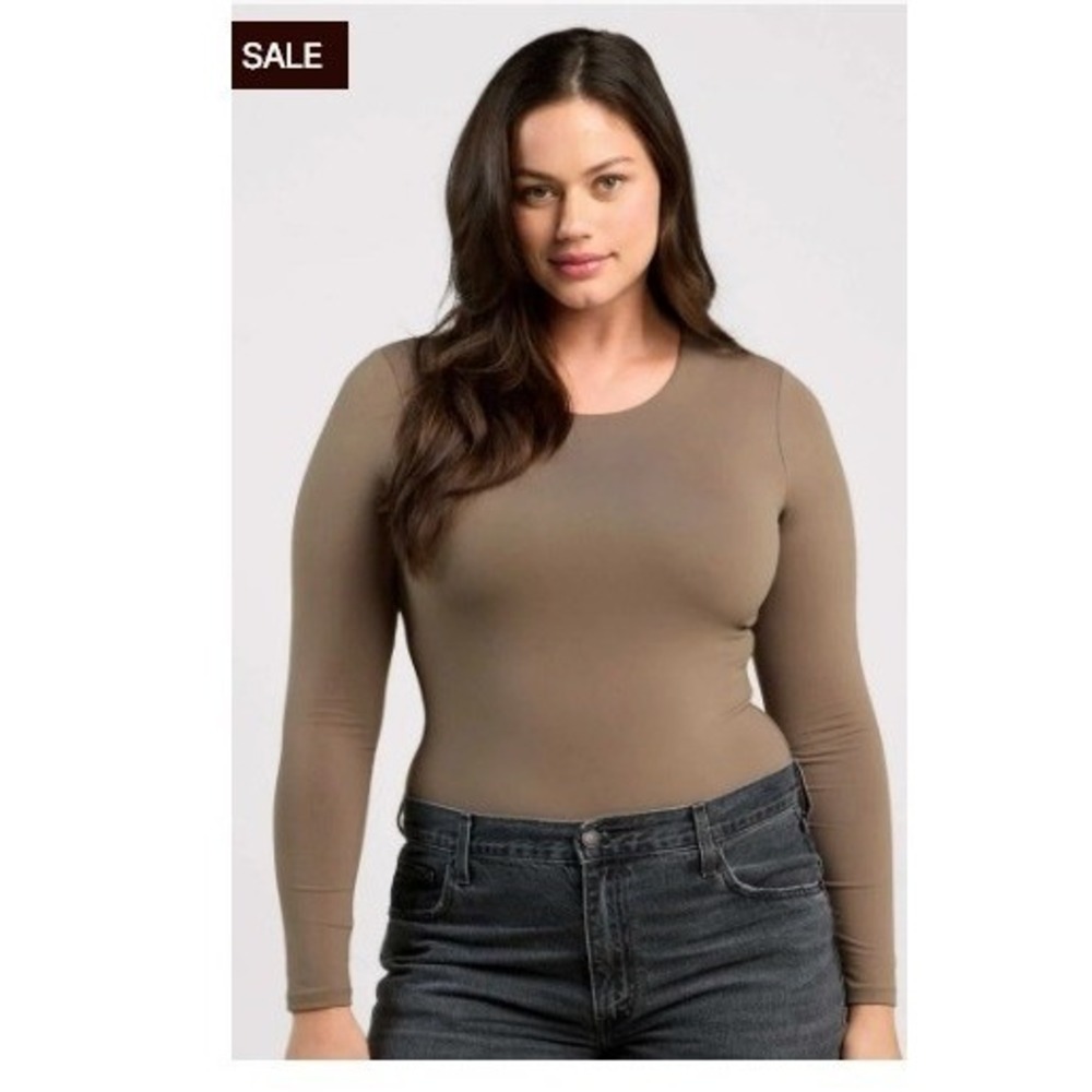 Nuuds Long Sleeve‎ Crewneck Bodysuit XXL Mocha Fitted Stretch Thong Bodysuit